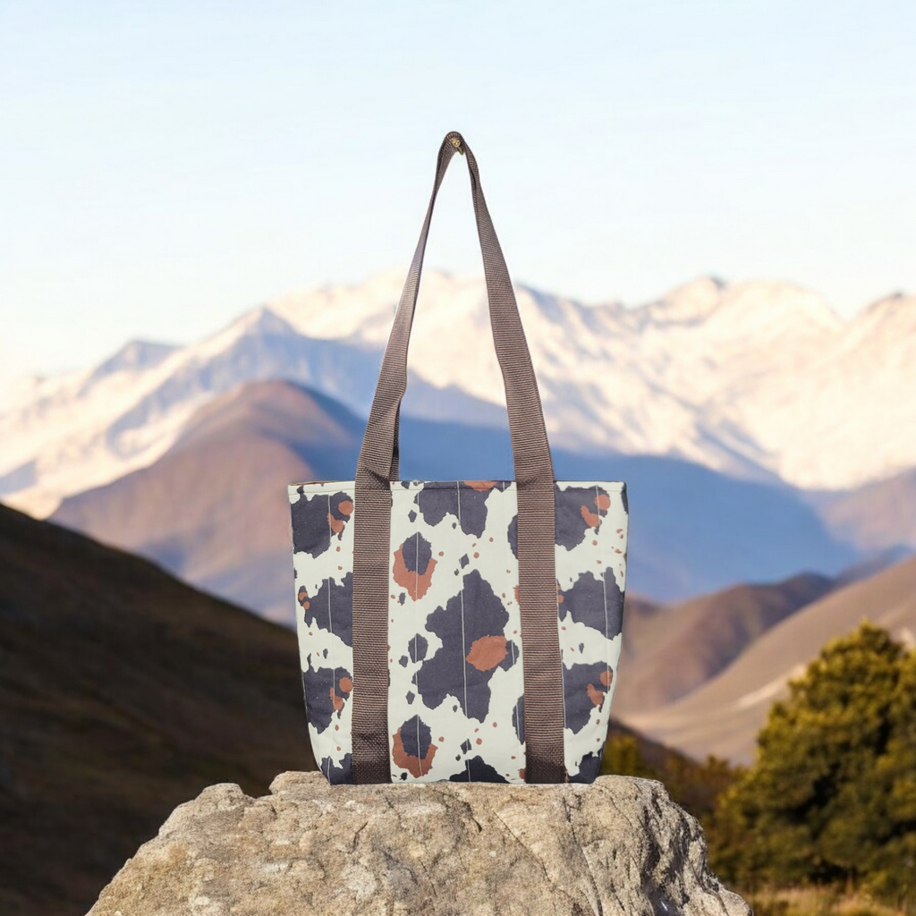 Black and brown cow print tote