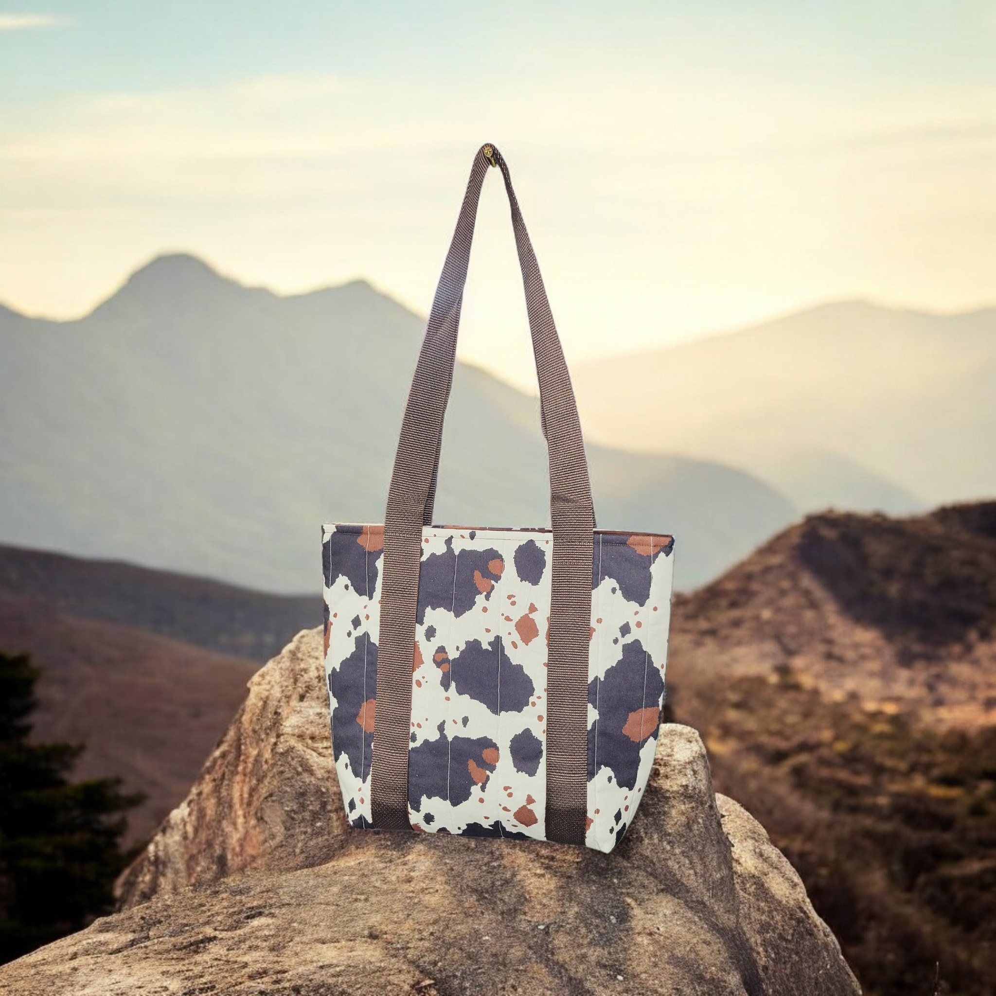 Black and brown cow print tote