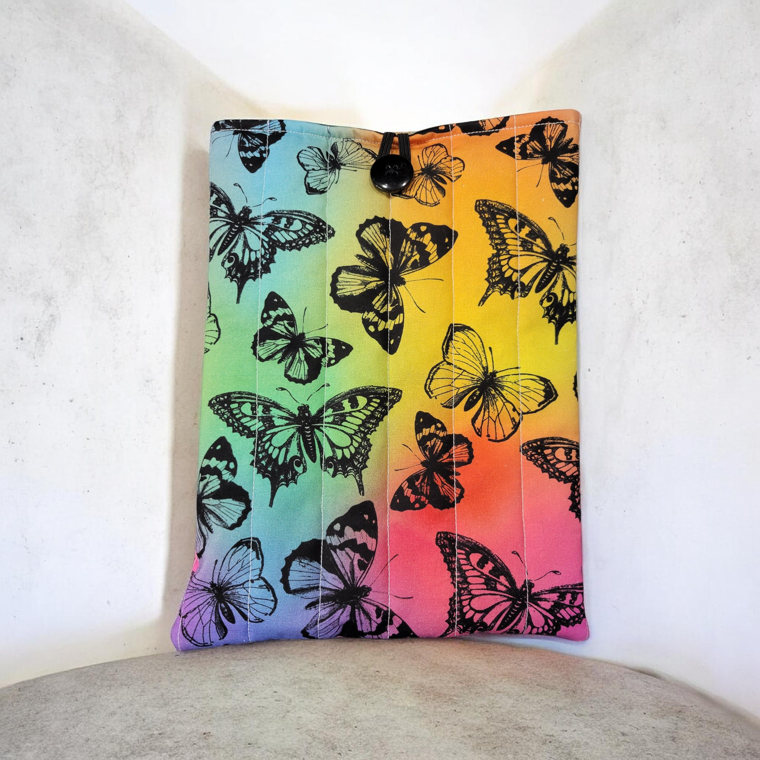 Butterflies on Rainbow Tie Dye Quilted Kindle Sleeve