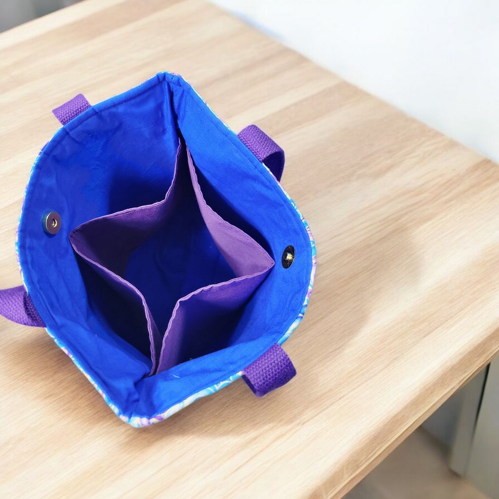 Purple and blue swirls tote