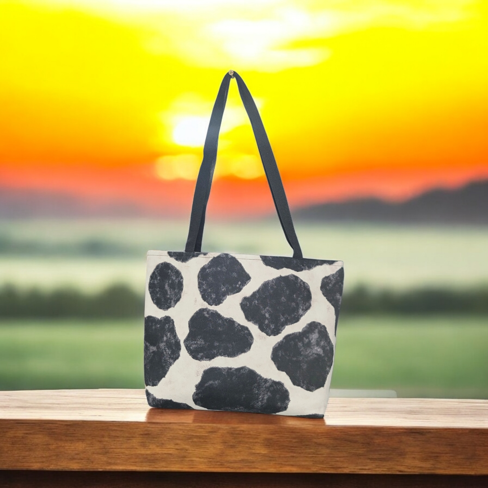 Black and white cow print tote